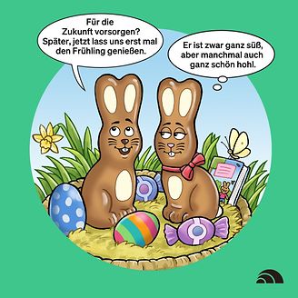 Oster-Cartoon: Schokoosterhasen und die Vorsorge (© GDV)